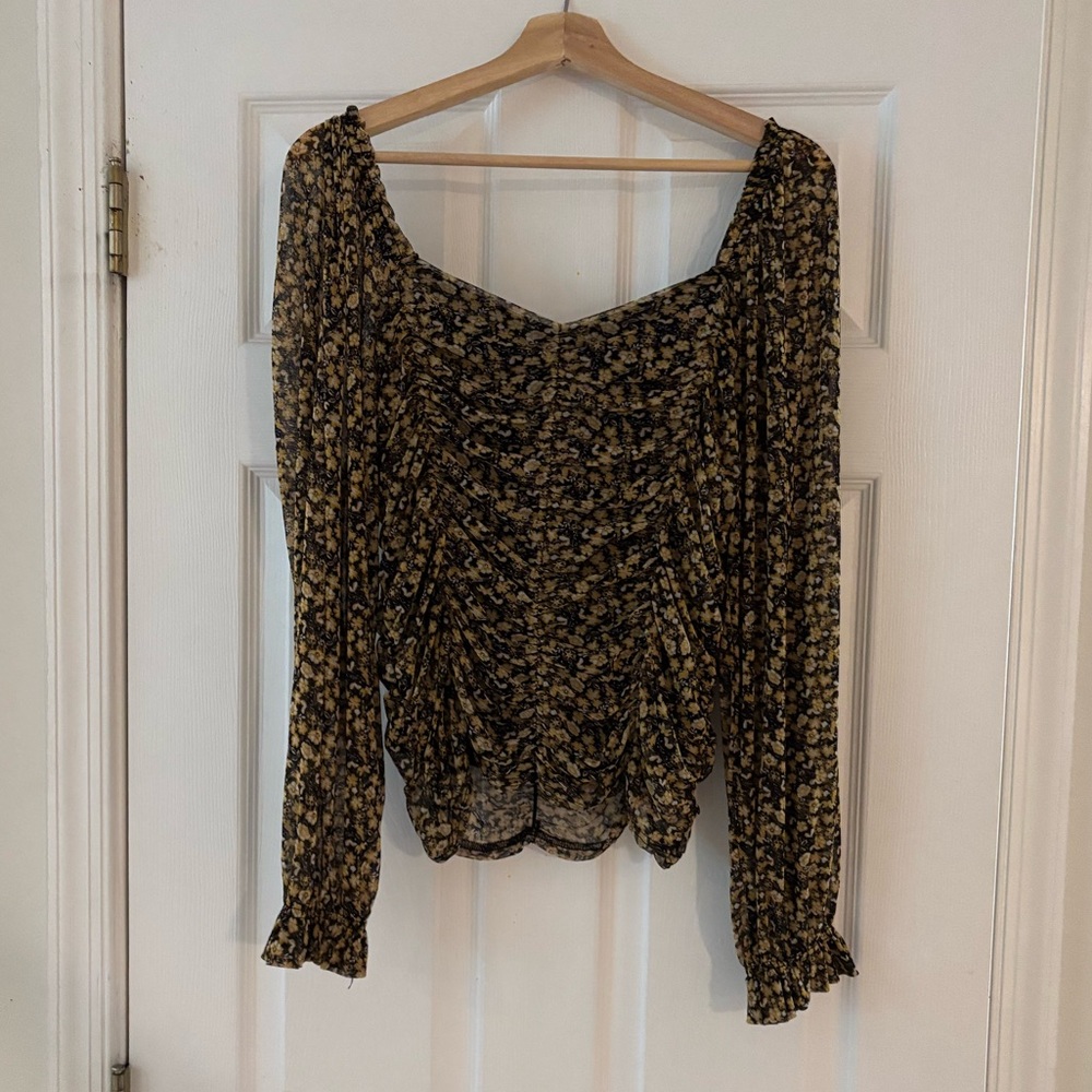 Black and Yellow Floral Smocked Long Sleeve Blouse